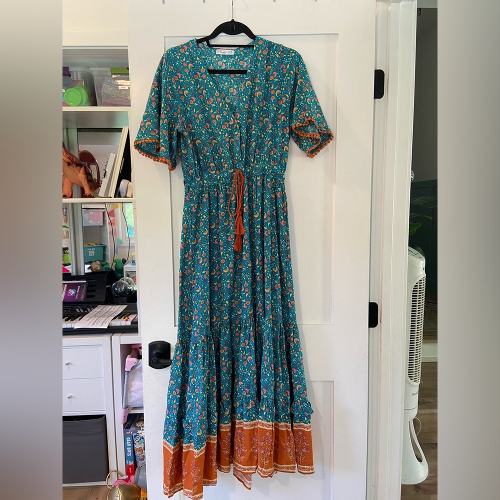 Long Turquoise Boho Faux Wrap Dress